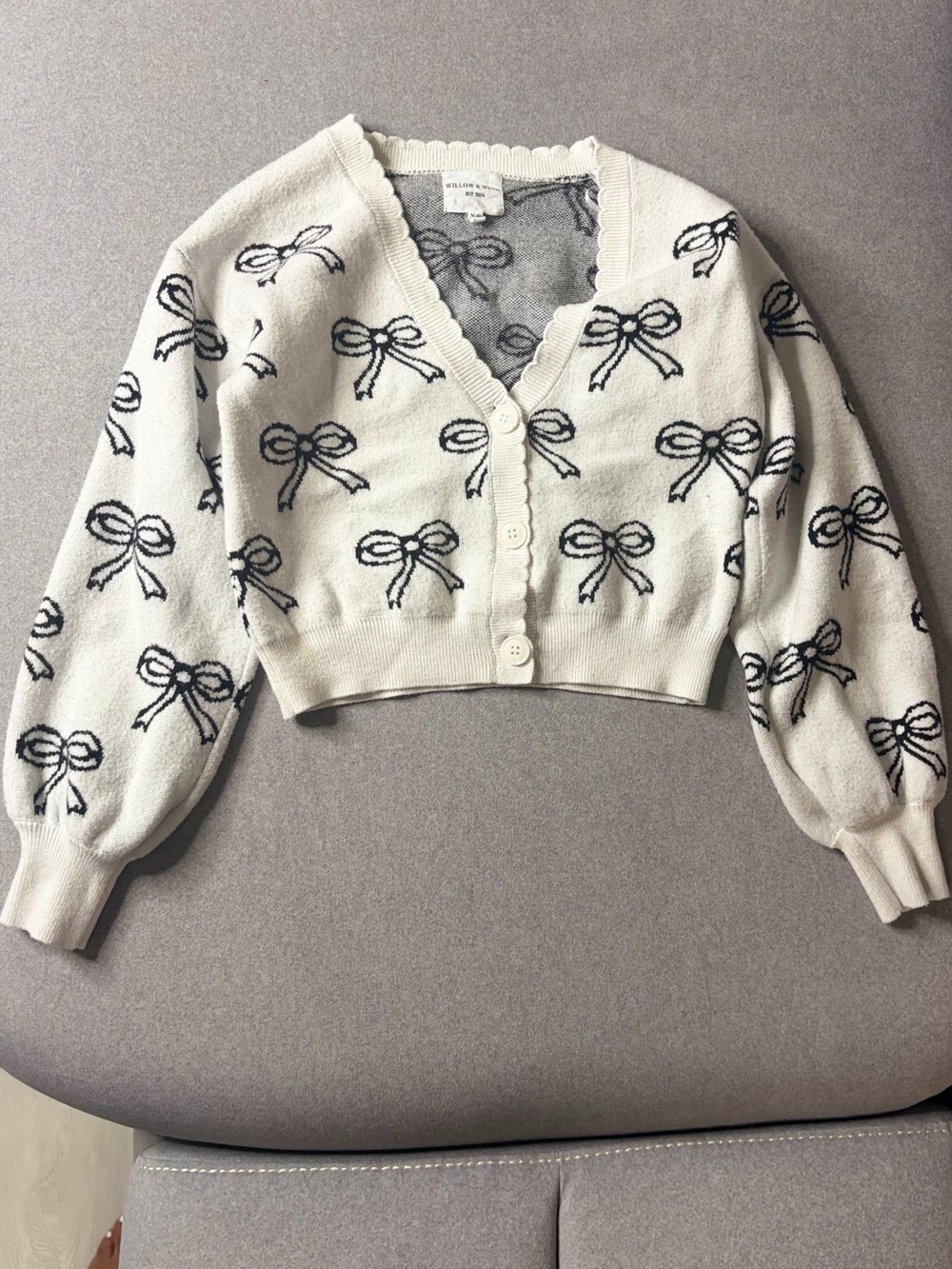 Cropped White Bow-Print Cardigan Sweater
